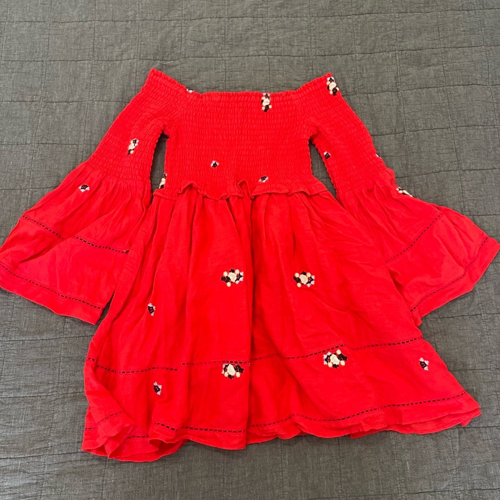 Free People Counting Daisies Embroidered Off the Shoulder Dress